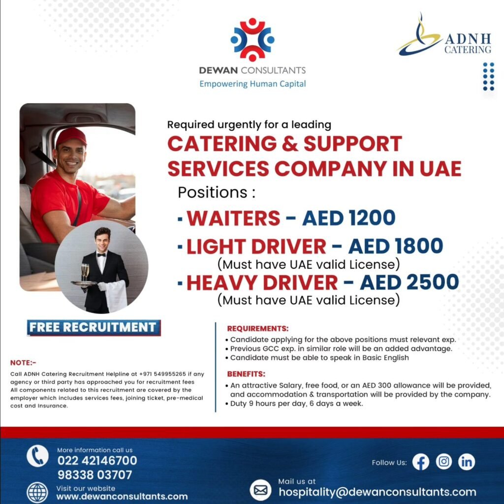 UAE : Hiring Urgently For A Leading Catering & Support Services Company
