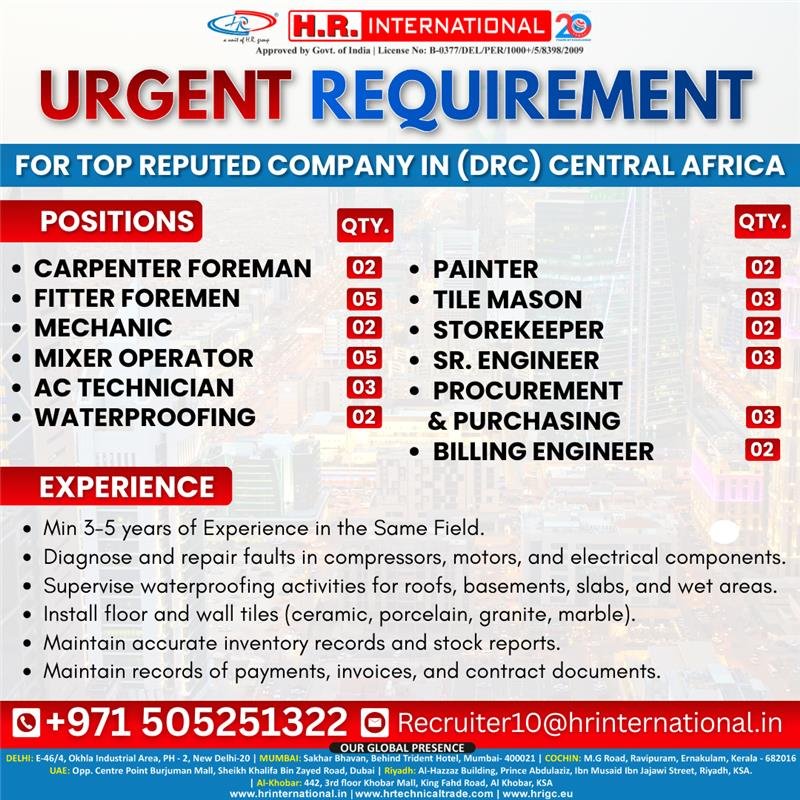 Urgent Recruitment for DRC (Central Africa) – Multiple Construction & Engineering Jobs | Apply Now