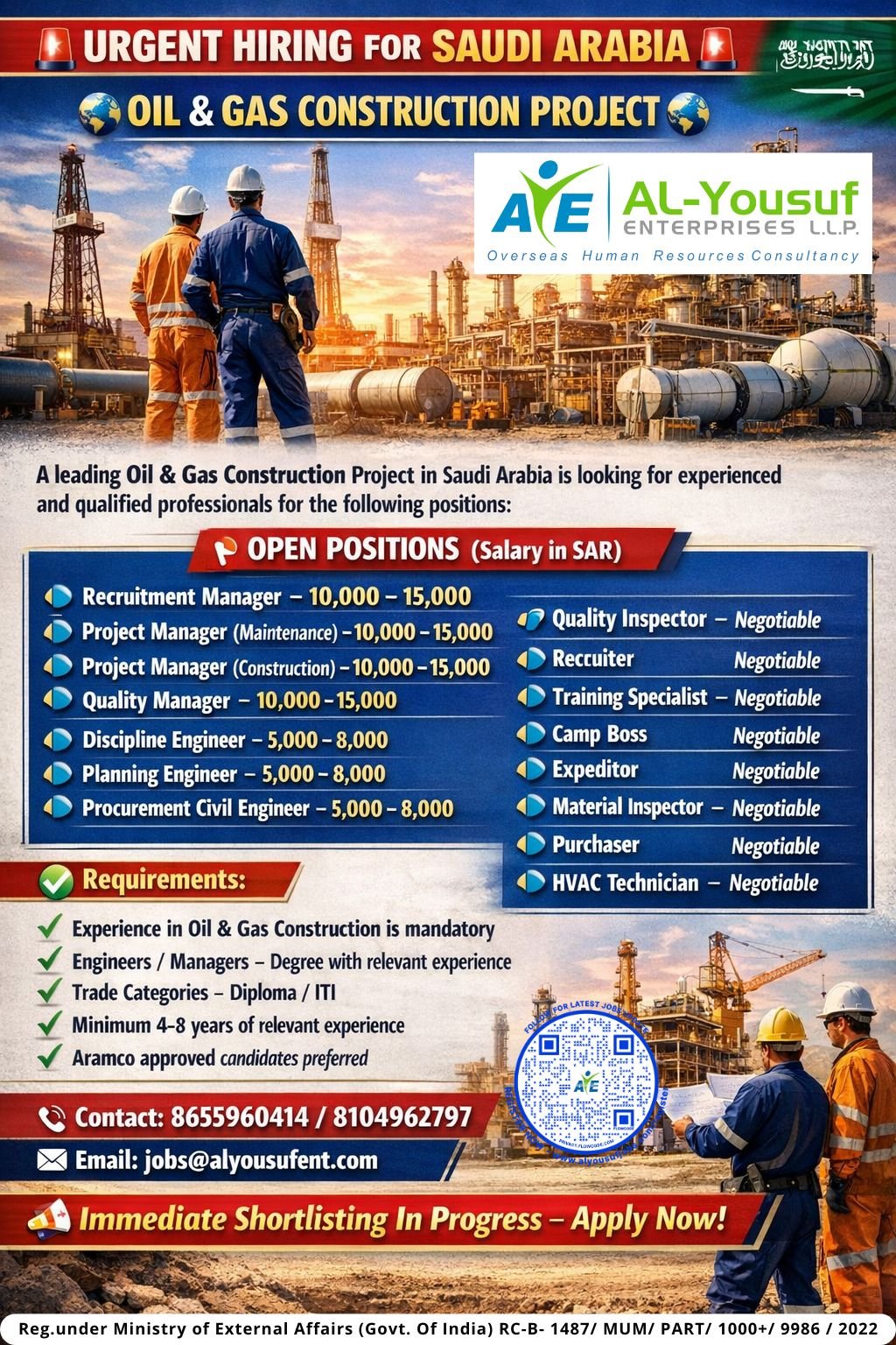 Hiring for Saudi Arabia - Oil & Gas Construction Project