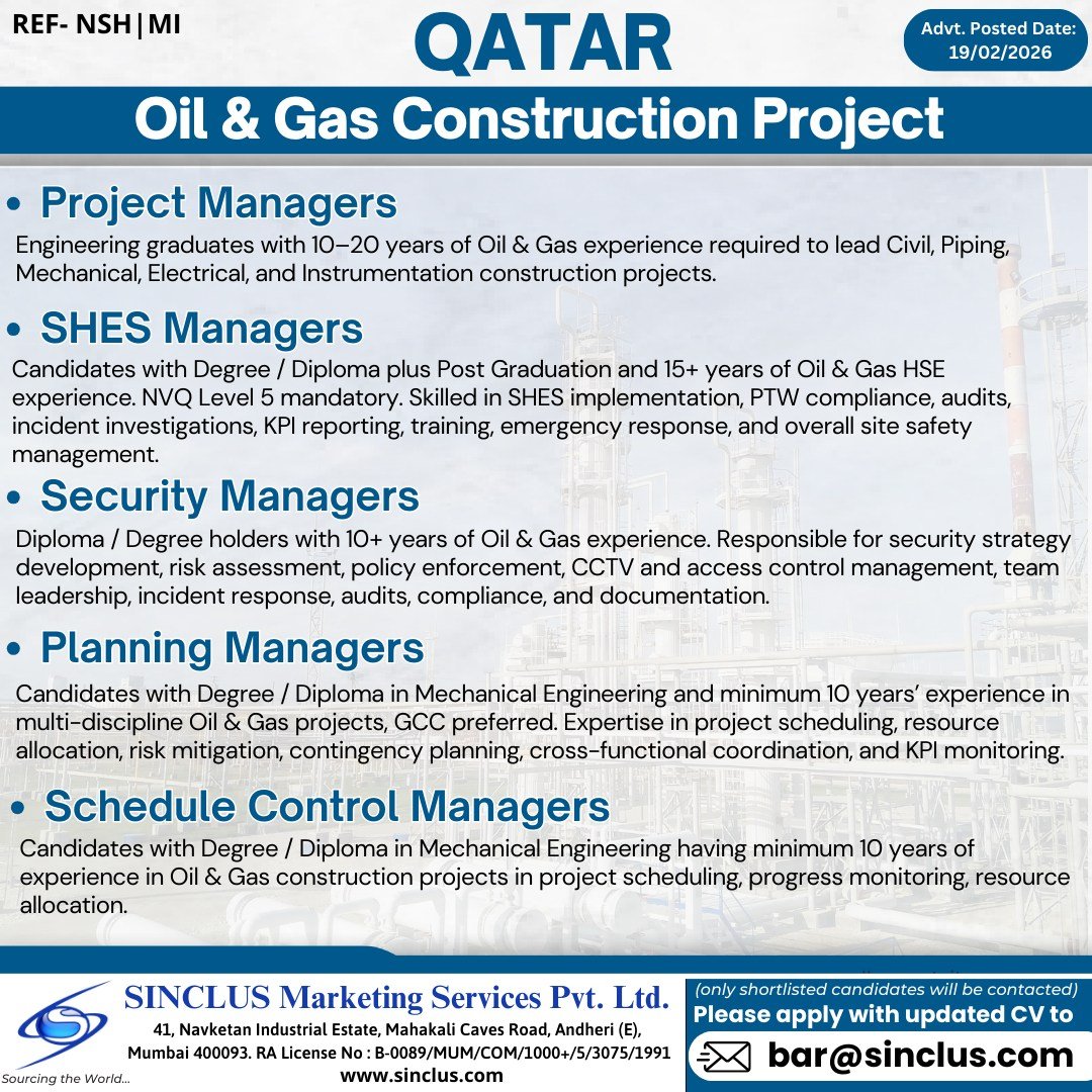 Urgent Hiring For QATAR | Oil & Gas Construction Project - Apply Today