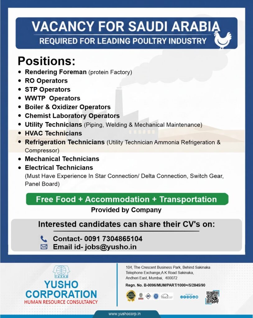 Saudi Arabia Poultry Industry Jobs 2026 – Free Food, Accommodation & Transportation