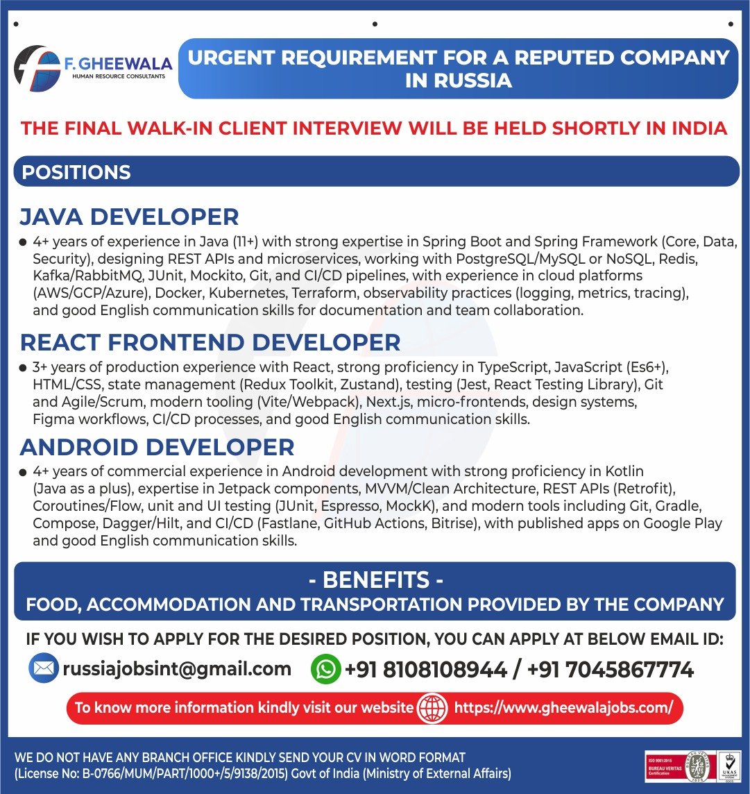Urgent Requirement for Russia – Java, React & Android Developer Jobs 2026 | Walk-In Client Interview in India