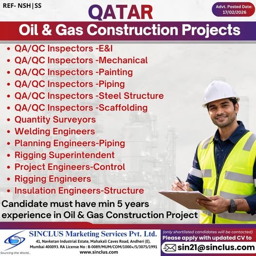Hiring for Oil & Gas Construction Projects in QATAR - Apply Today