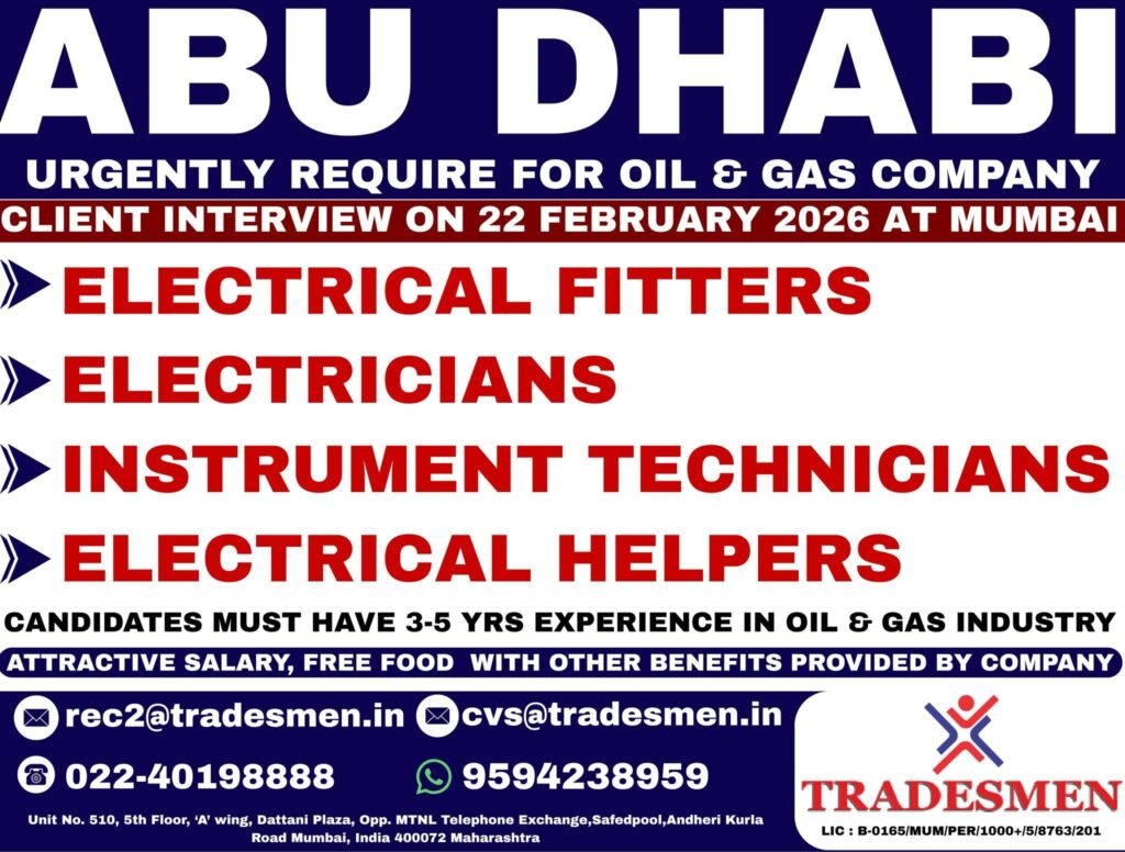 Abu Dhabi Oil & Gas Jobs 2026 – Client Interview in Mumbai | Electrical Fitters, Electricians & Instrument Technicians Required