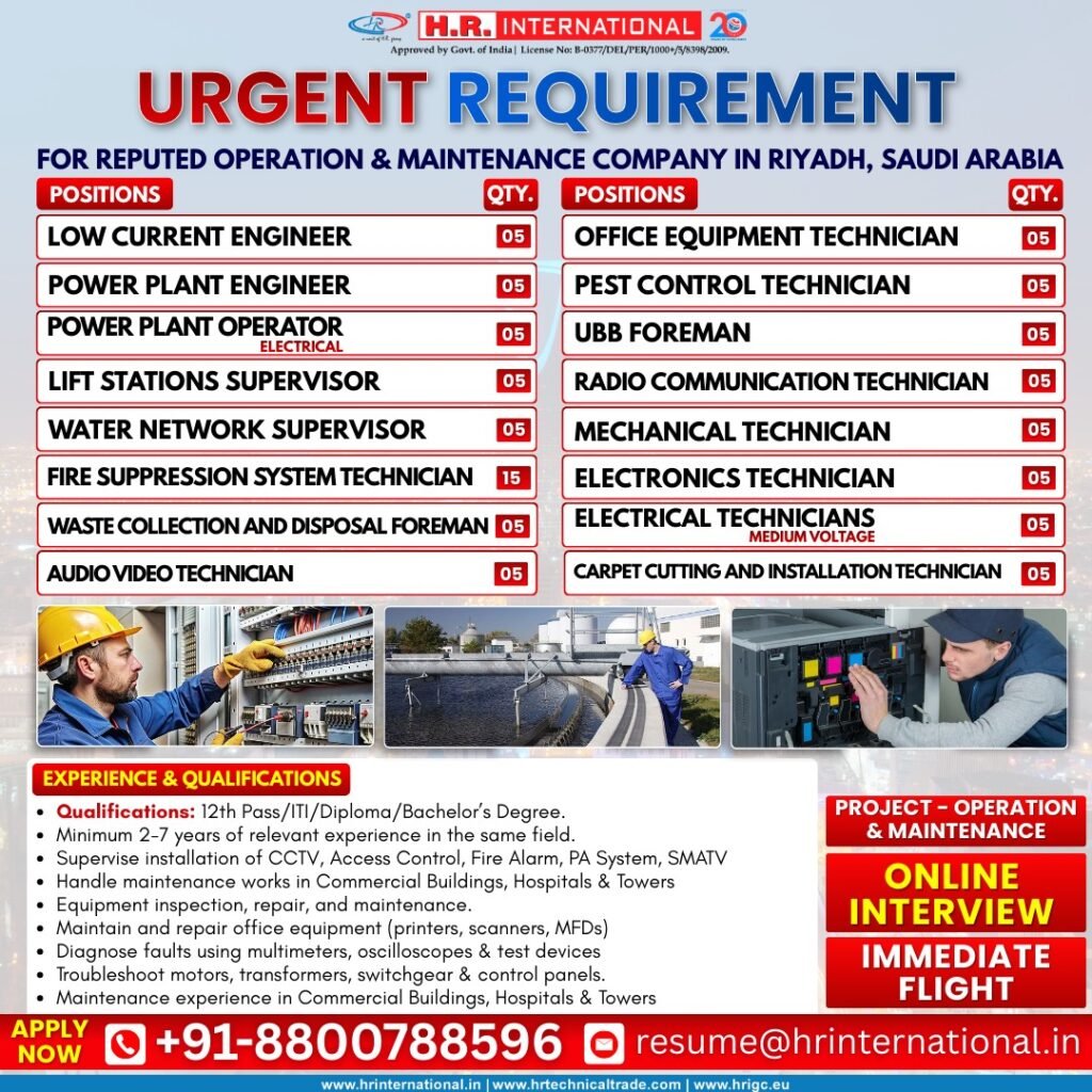 Urgent Hiring in Riyadh, Saudi Arabia – Operation & Maintenance Jobs