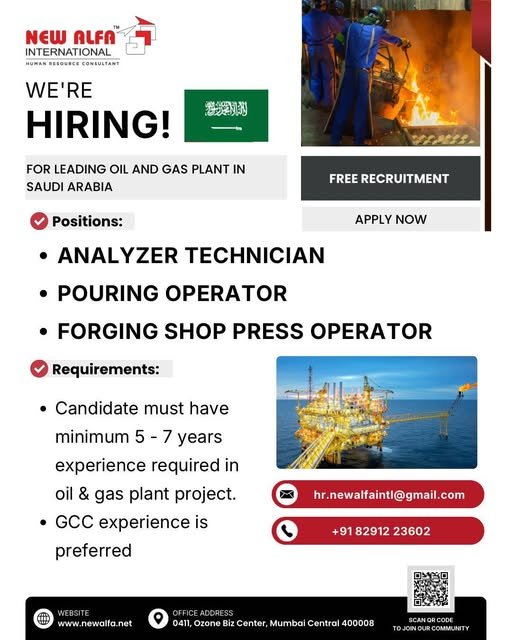 Free Recruitment For Leading Oil & Gas Plant In Saudi Arabia