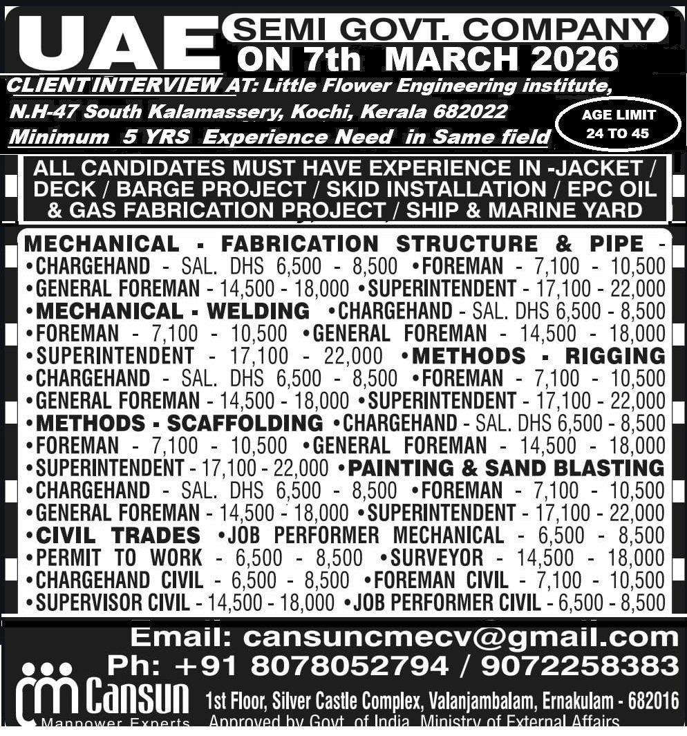 UAE Semi Government Company Hiring – Oil & Gas EPC Project