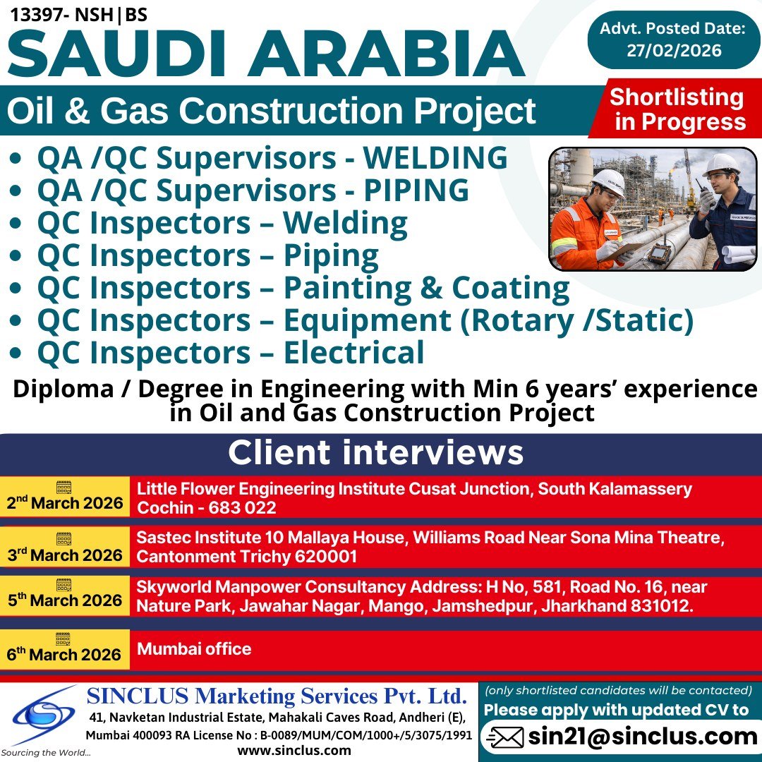 Hiring for Saudi Arabia – Oil & Gas Construction Project - Apply Online