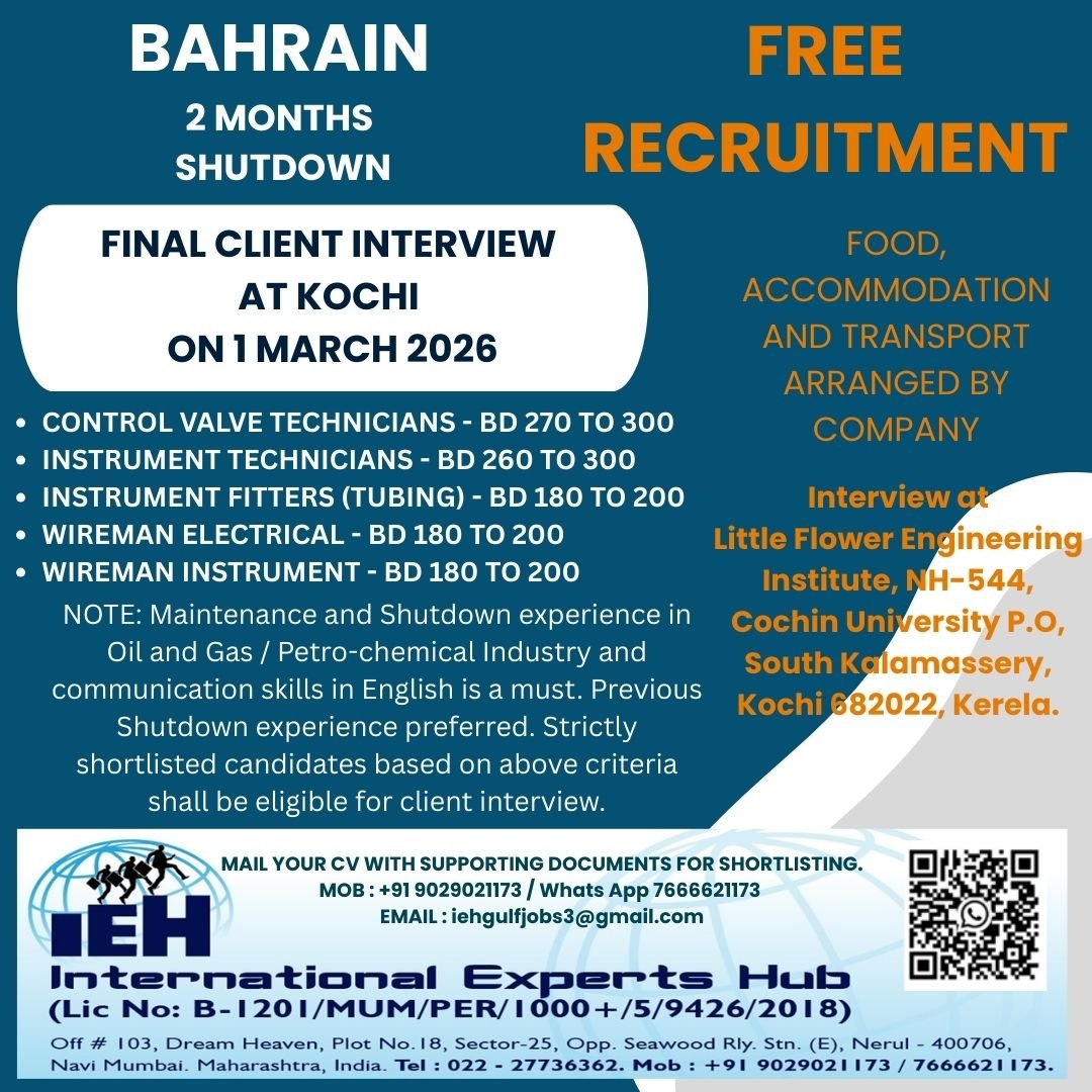 Bahrain Shutdown Jobs 2026 – Free Recruitment for Oil & Gas Maintenance Roles (2 Months Project)