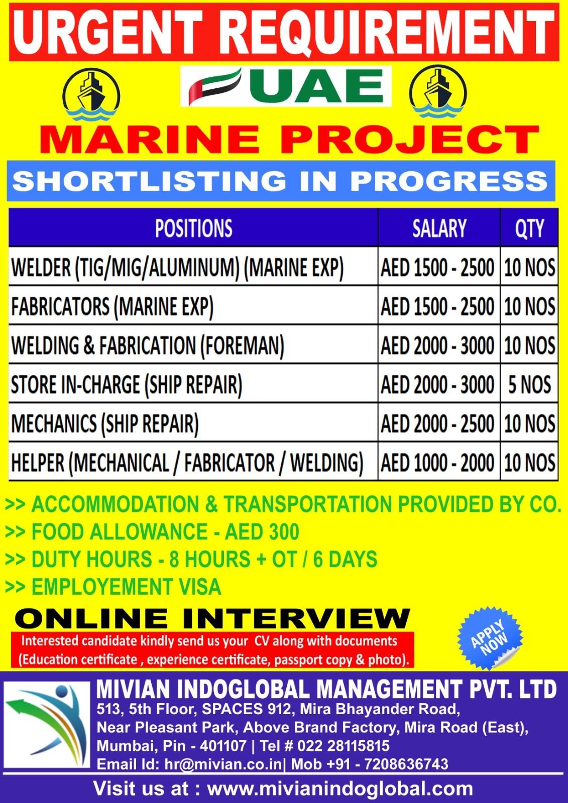 UAE Marine Project Jobs 2026 – Urgent Recruitment for Welders, Fabricators, Foremen & Mechanics in Ship Repair & Construction