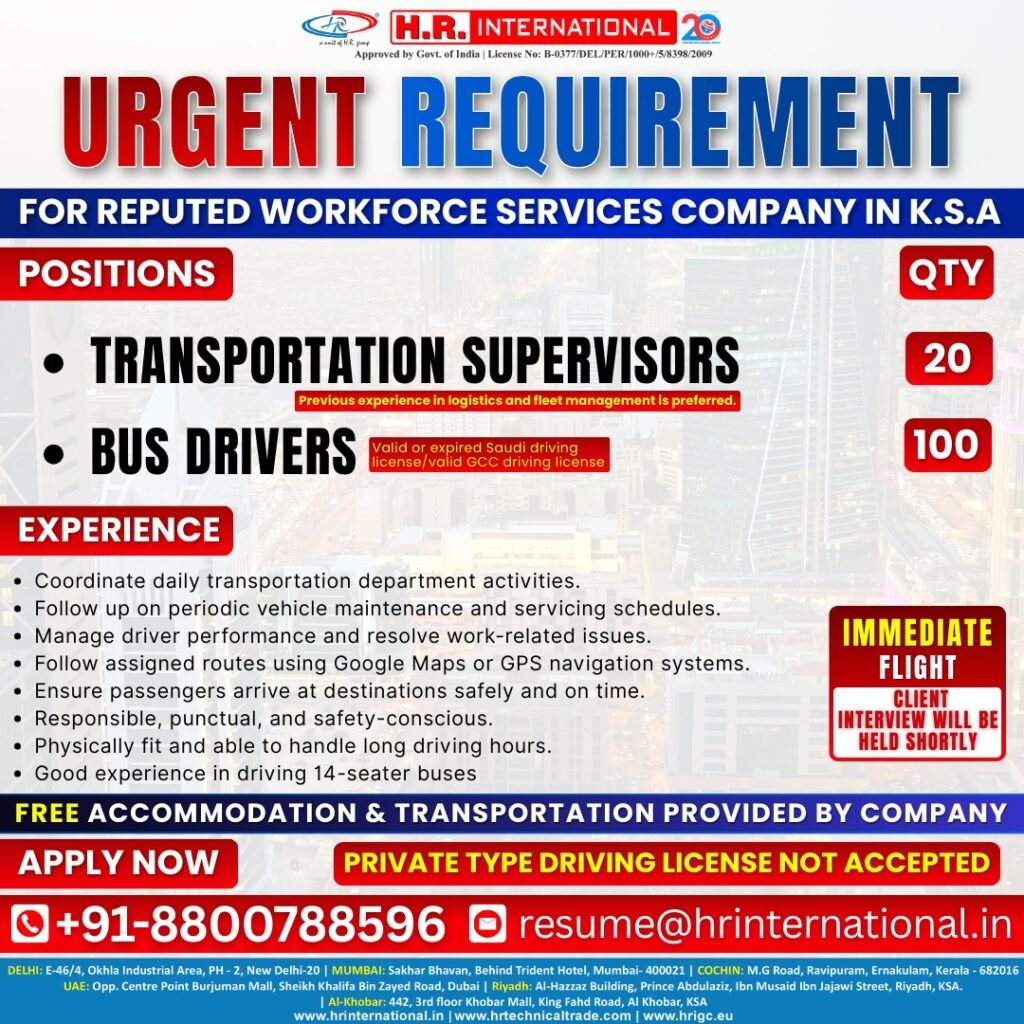 Urgent Job Vacancies in Saudi Arabia 2026 – Transportation Supervisors & Bus Drivers | Apply Now