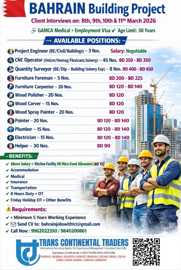 Bahrain Building Project Jobs 2026 – Urgent Hiring for Engineers, CNC Operators, Carpenters & Technicians | Client Interviews 8–11 March Bahrain Building Project Jobs 2026 – Urgent Hiring for Engineers, CNC Operators, Carpenters & Technicians | Client Interviews 8–11 March