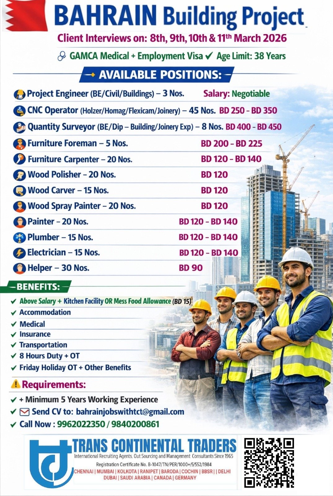 Bahrain Building Project Jobs 2026 – Urgent Hiring for Engineers, CNC Operators, Carpenters & Technicians | Client Interviews 8–11 March