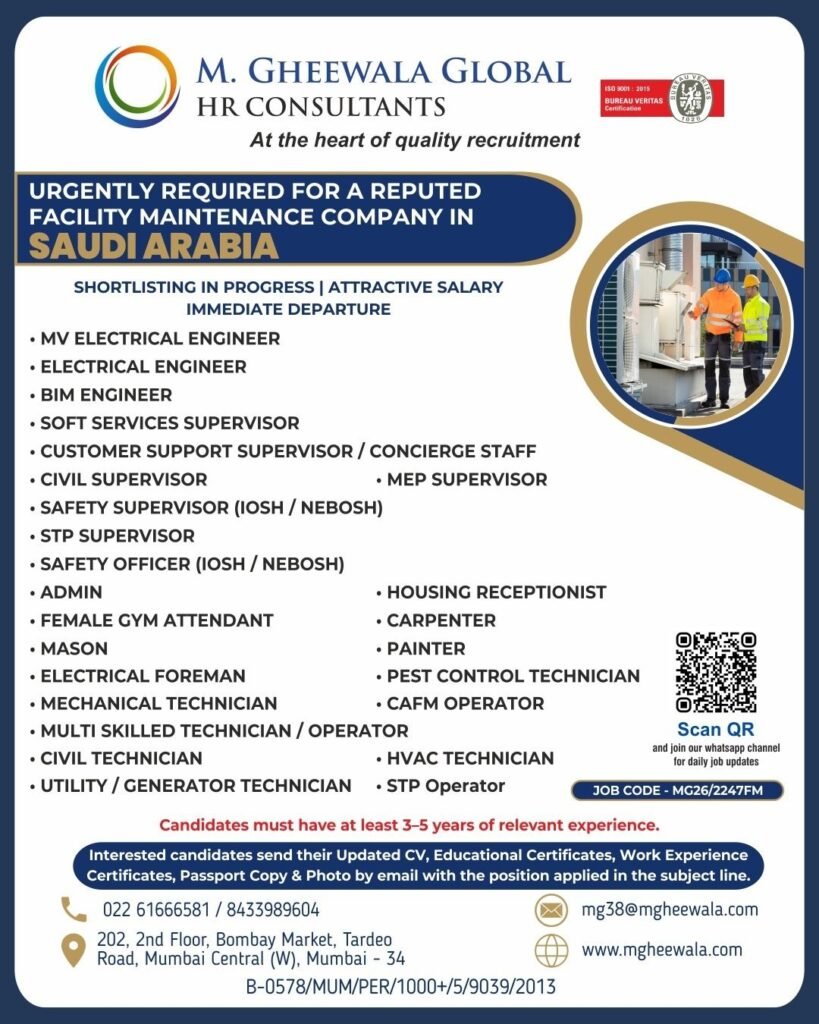 Urgent Facility Maintenance Jobs in Saudi Arabia – Reputed Company Hiring Engineers, Supervisors, and Technicians