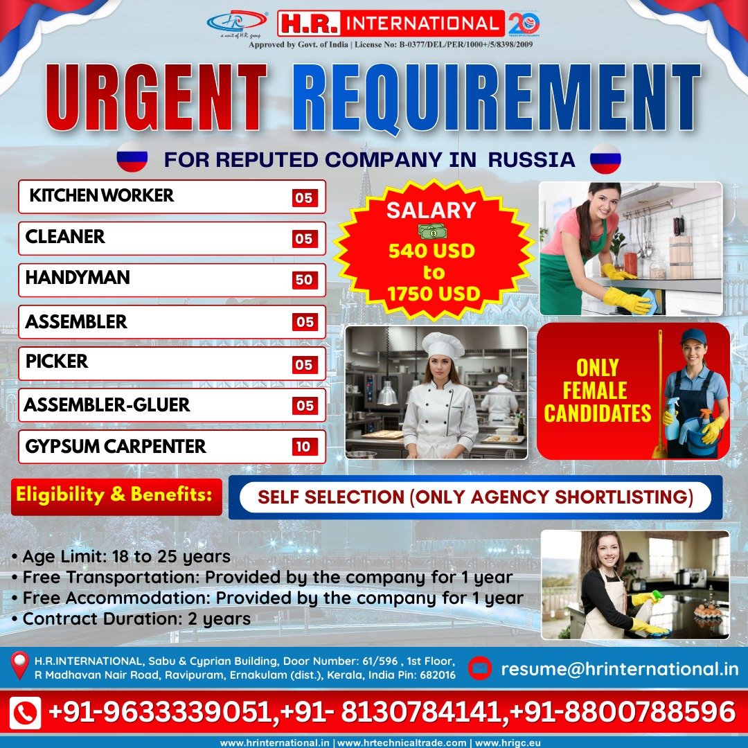 Russia Jobs 2026 – Urgent Hiring for Kitchen Worker, Cleaner, Handyman & More | Reputed Company Recruitment