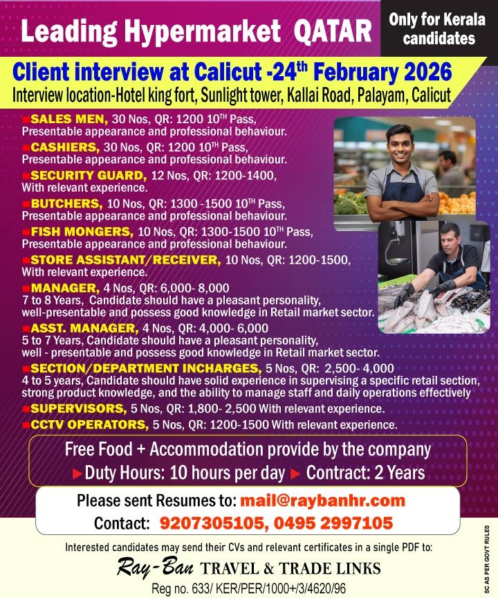 Leading Hypermarket Jobs in Qatar 2026 – Client Interview On 24th February 2026