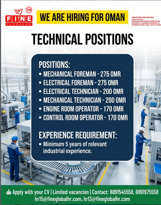 Oman Jobs 2026: Urgent Hiring for Mechanical & Electrical Foremen, Technicians – Salaries Up to 275 OMR | Apply Now 