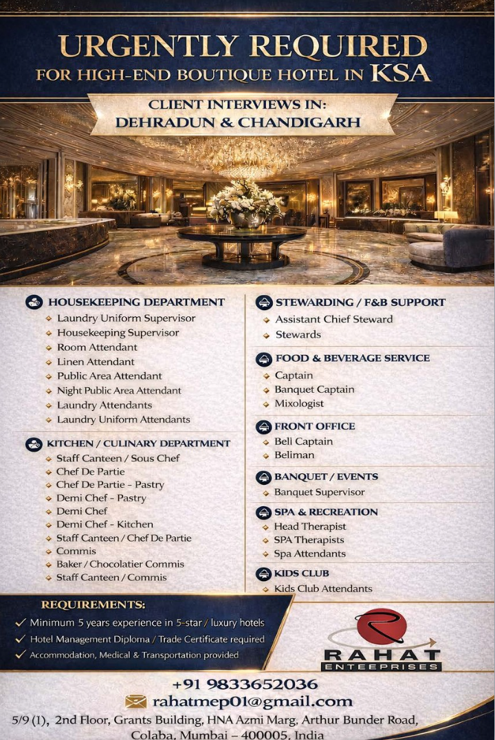 Saudi Arabia Jobs 2026 : Hiring For Luxury 5 Boutique Hotel 