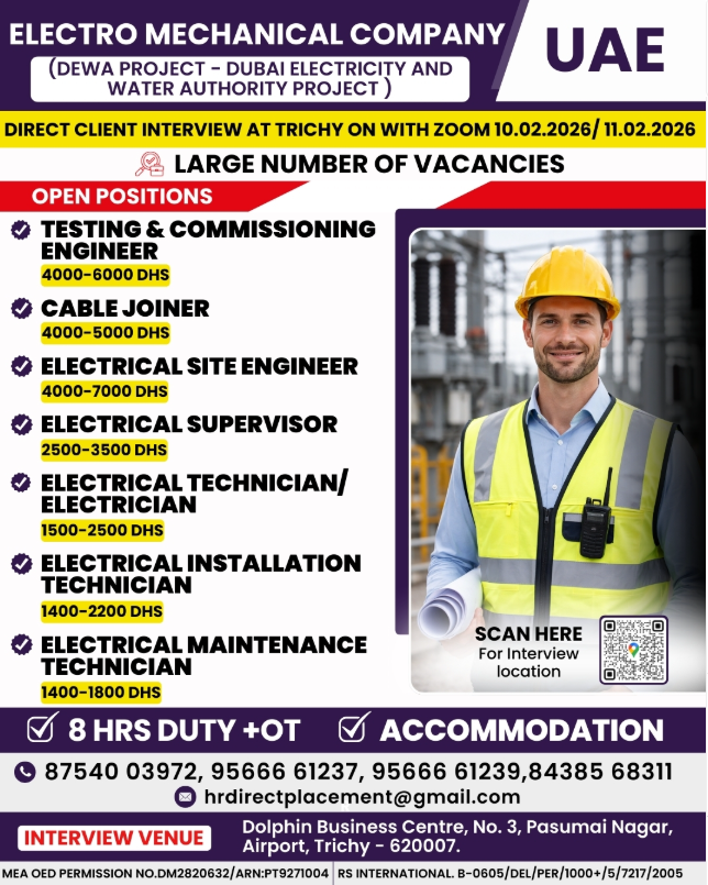 Recruitment For UAE Electro Mechanical Company (DEWA Project)