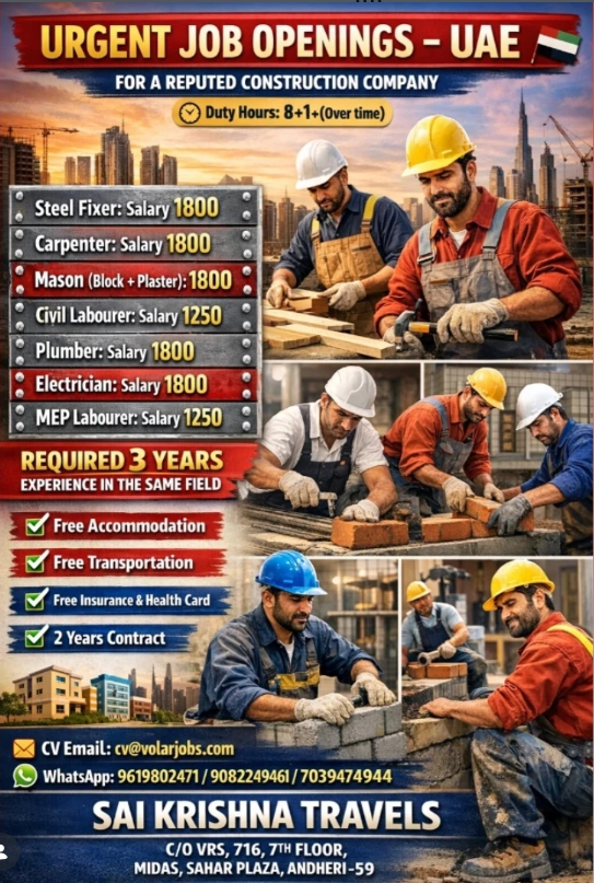 Urgent Job Openings in UAE 2026 for Construction Workers – Apply Now