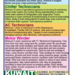 Kuwait job vacancy advertisement for AC company and automobile company showing requirements for R&D manager, chiller technicians, AC technicians, motor winders, and car technicians with online interview details.