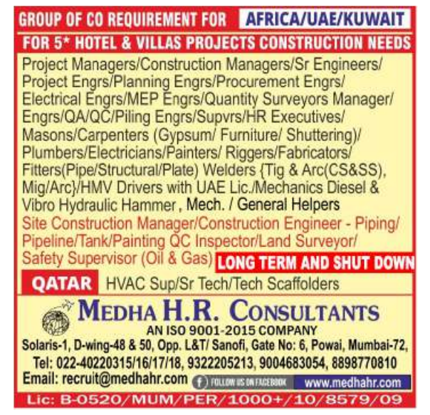 Job Openings for Africa, UAE, Kuwait & Qatar - 5-star hotel and villa construction projects