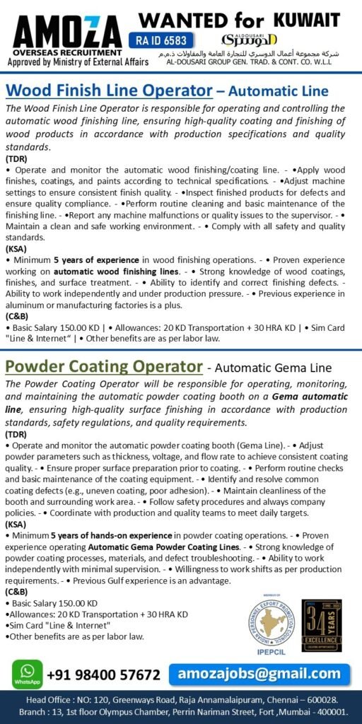 Kuwait Jobs 2026 – Wood Finish Line Operator & Powder Coating Operator | Apply Now