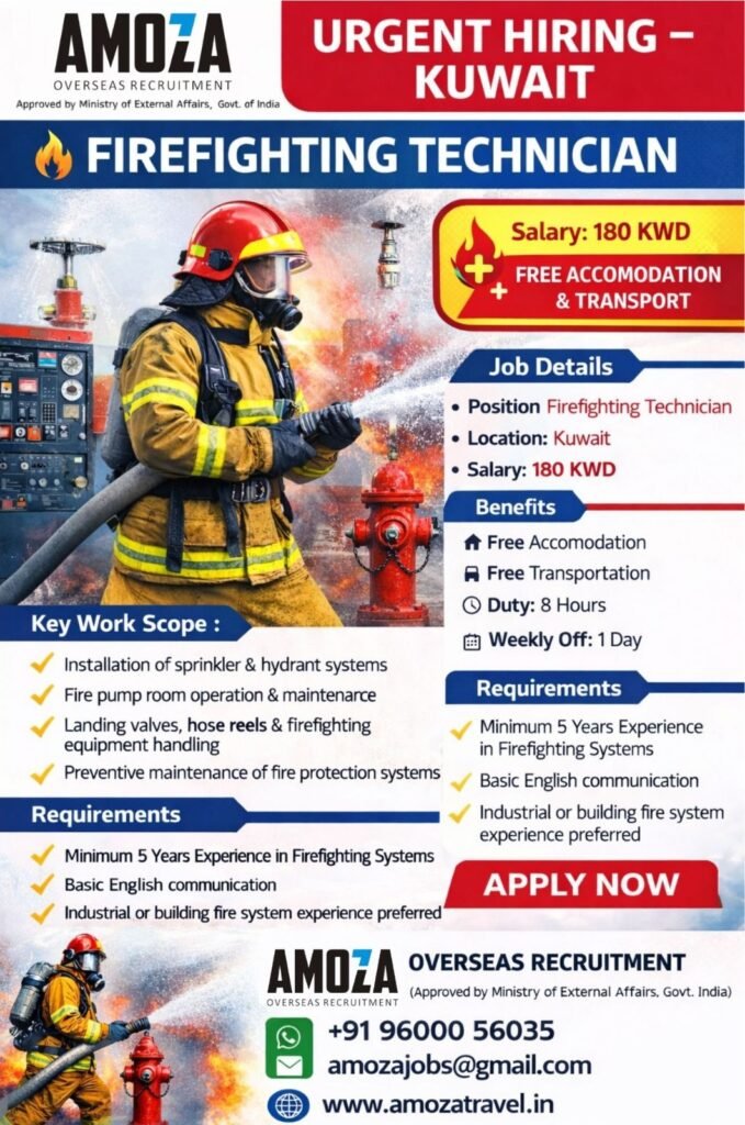 Firefighting Technician Jobs in Kuwait 2026 | Salary 180 KWD | Free Accommodation Firefighting Technician Jobs in Kuwait 2026 | Salary 180 KWD | Free Accommodation