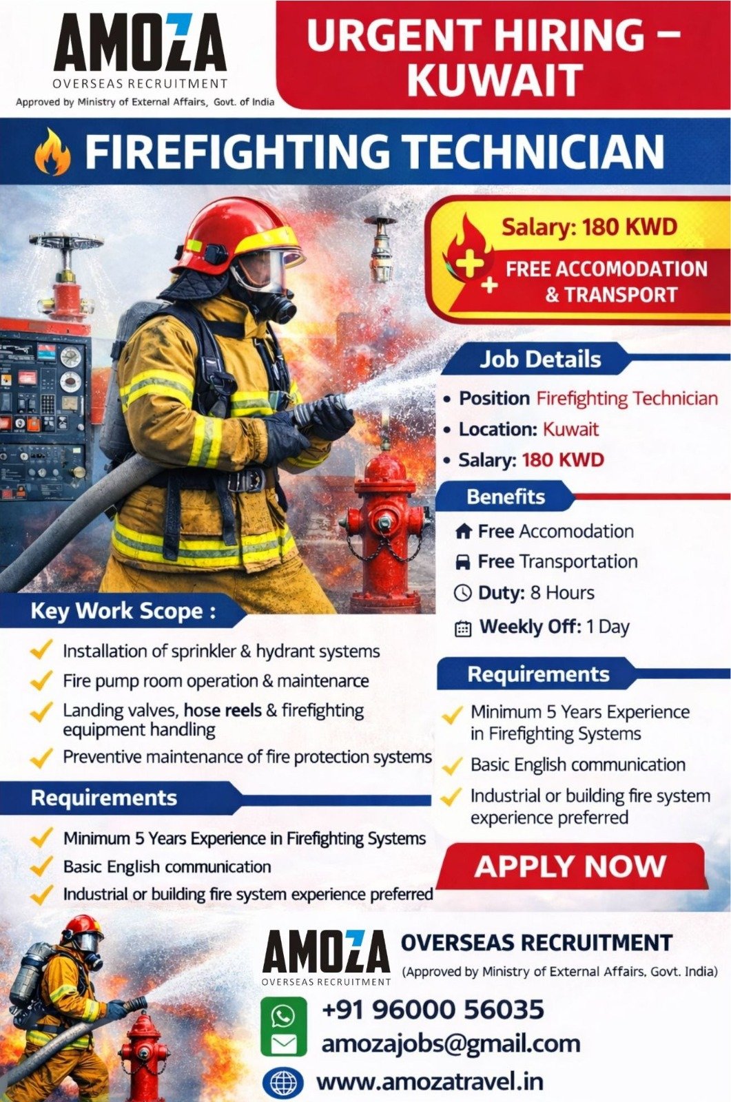 Firefighting Technician Jobs in Kuwait 2026 | Salary 180 KWD | Free Accommodation