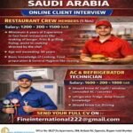 Saudi Arabia : Hiring Restaurant Crew & AC/Refrigerator Technician Vacancies – Online Client Interviews Saudi Arabia : Hiring Restaurant Crew & AC/Refrigerator Technician Vacancies – Online Client Interviews