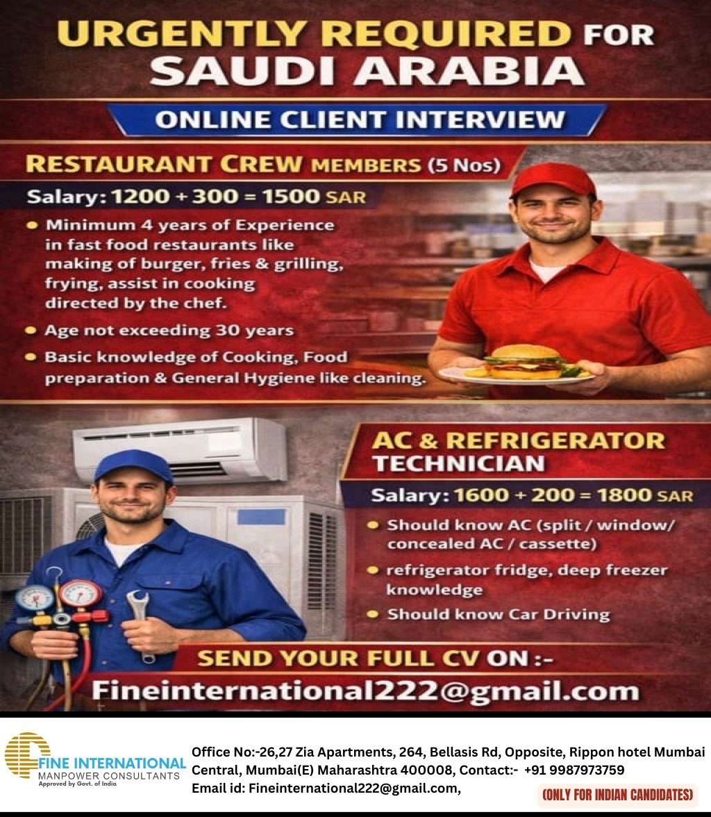 Saudi Arabia : Hiring Restaurant Crew & AC/Refrigerator Technician Vacancies – Online Client Interviews