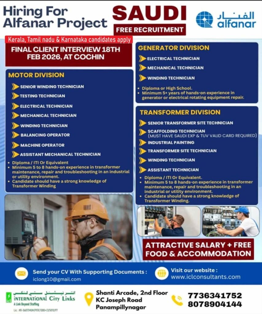 Alfanar Saudi Arabia Jobs 2026 – Free Recruitment | Generator, Motor & Transformer Division 