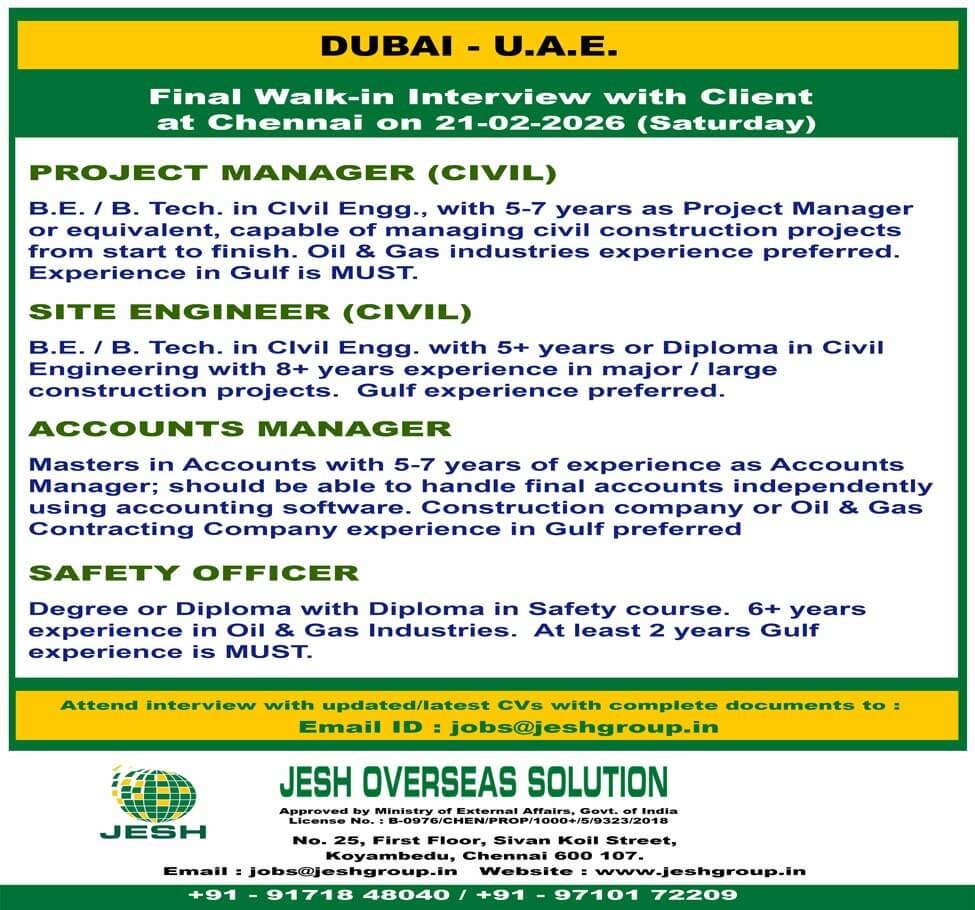Dubai UAE Jobs 2026 | Civil, Accounts & Safety Vacancies