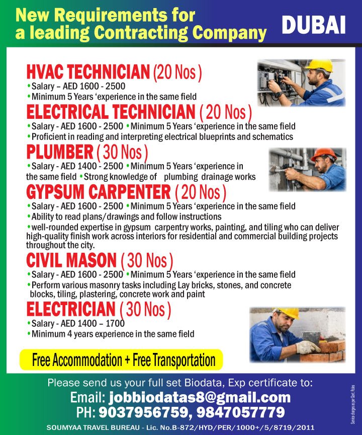 Dubai Contracting Company Jobs 2026 – HVAC, Electrician, Plumber & Civil Vacancies | Apply Now