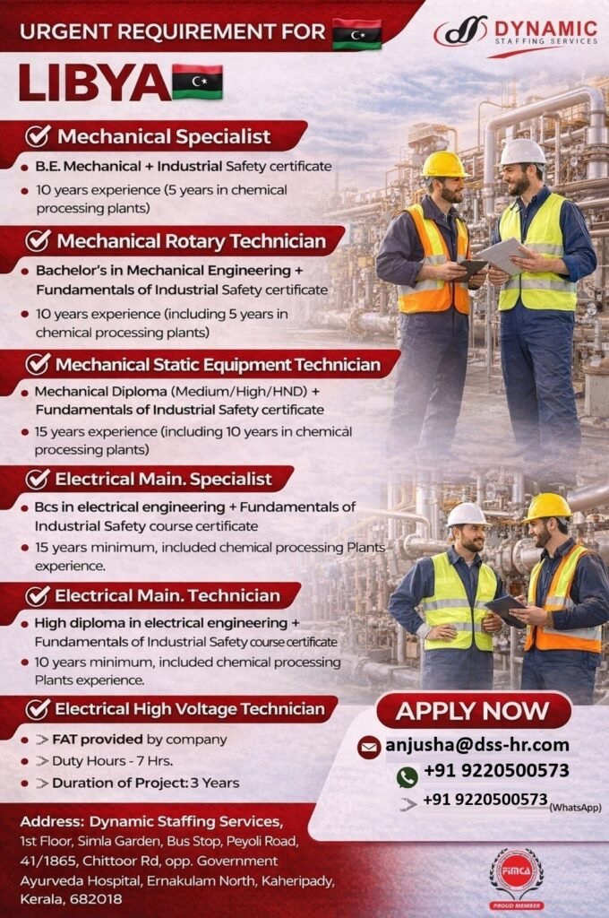 Libya Jobs 2026 – Urgent Recruitment for Industrial Project Libya Jobs 2026 – Urgent Recruitment for Industrial Project