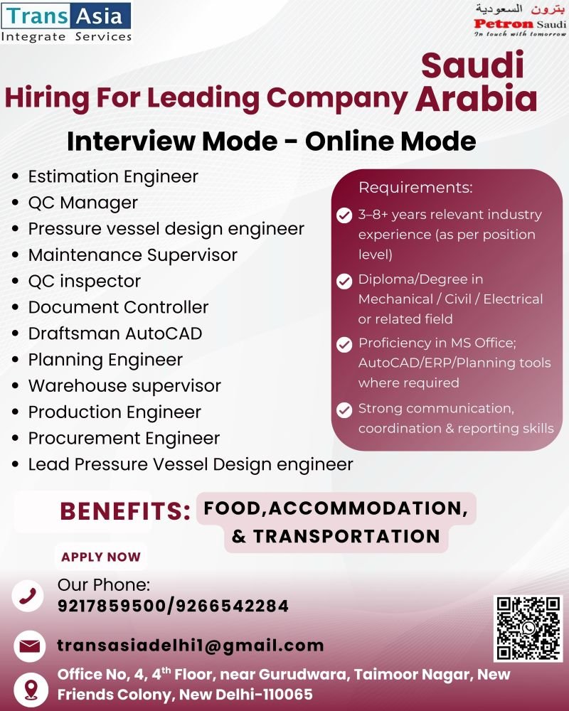 Hiring for PETRON Saudi Arabia – Online Interview | Engineering & Technical Jobs 2026 Hiring for PETRON Saudi Arabia – Online Interview | Engineering & Technical Jobs 2026