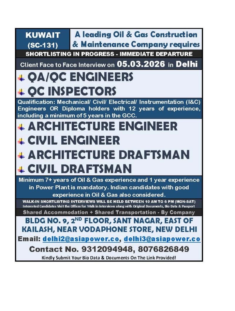 Kuwait Oil & Gas Jobs 2026 – QA/QC Engineers, Inspectors, Civil & Architecture Roles | Face-to-Face