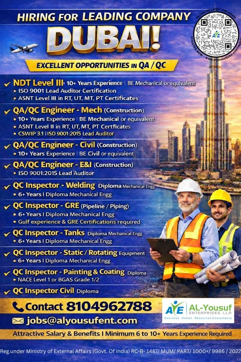 Hiring for Leading Company in Dubai – QA/QC Jobs 2026 | Apply Now