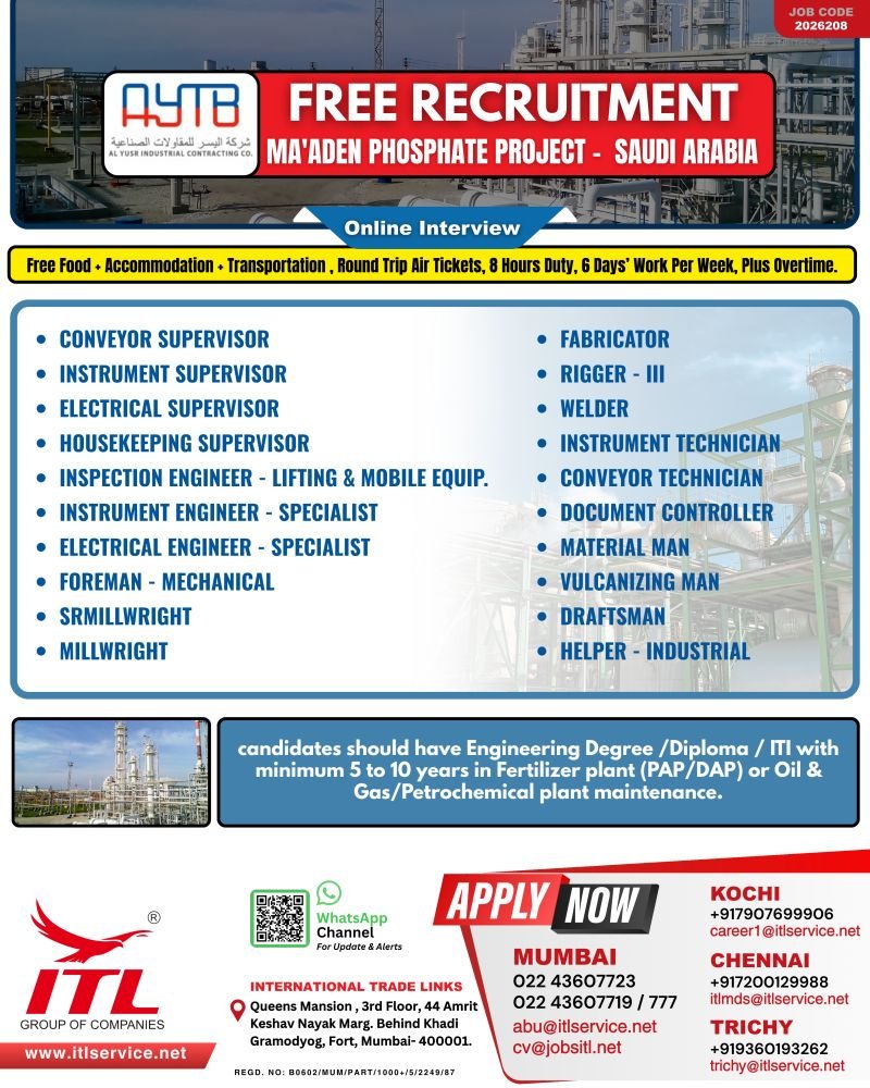 Free Recruitment for Ma’aden Phosphate Project – Saudi Arabia Free Recruitment for Ma’aden Phosphate Project – Saudi Arabia