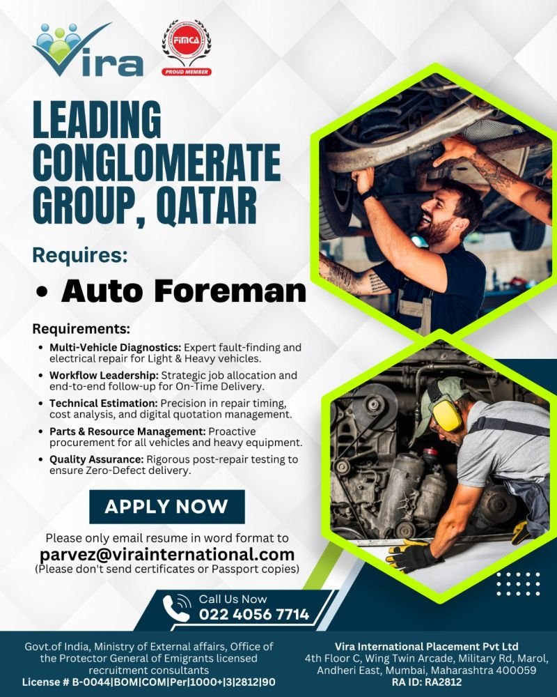 Hiring Auto Foreman in Qatar - Apply Today Hiring Auto Foreman in Qatar - Apply Today