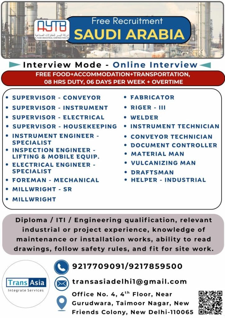 Free Recruitment for AYTB Saudi Arabia – Online Interview | Industrial & Engineering Jobs 2026