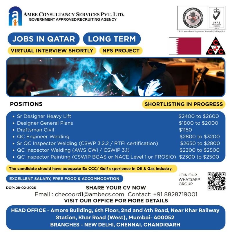 Jobs in Qatar – Long Term NFS Project | Virtual Interview Shortly | Oil & Gas Vacancies