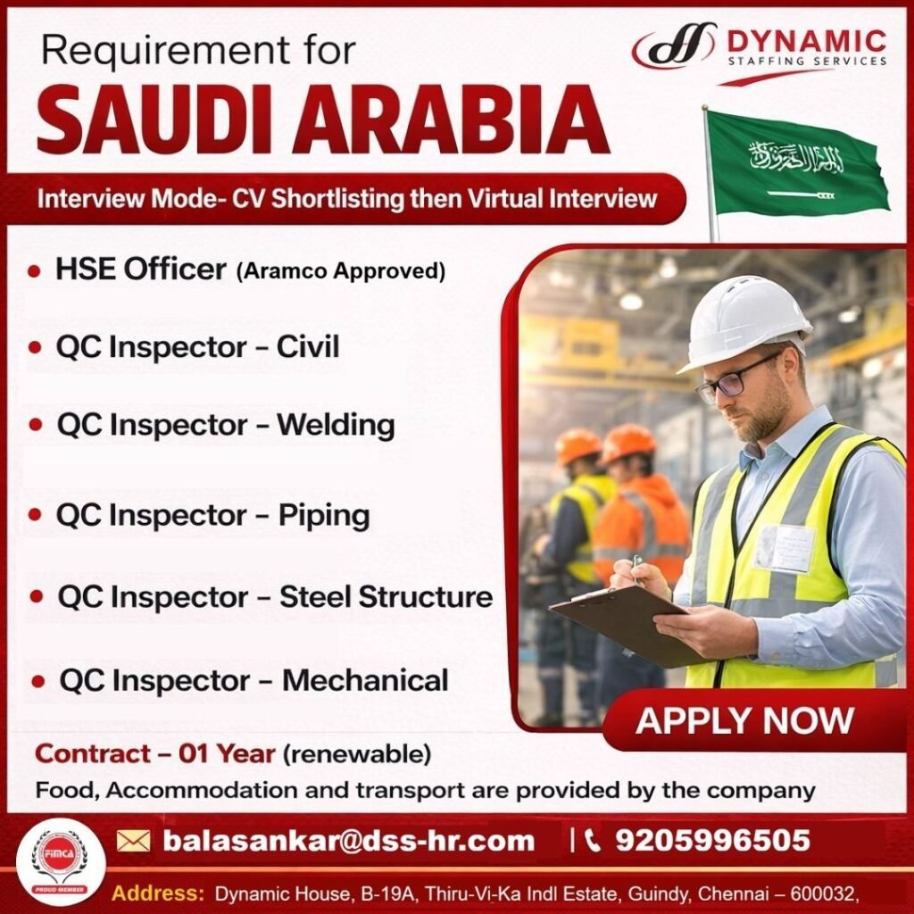 Recruitment for Saudi Arabia – HSE & QC Inspector Jobs | Virtual Interview | 1-Year Renewable Contract