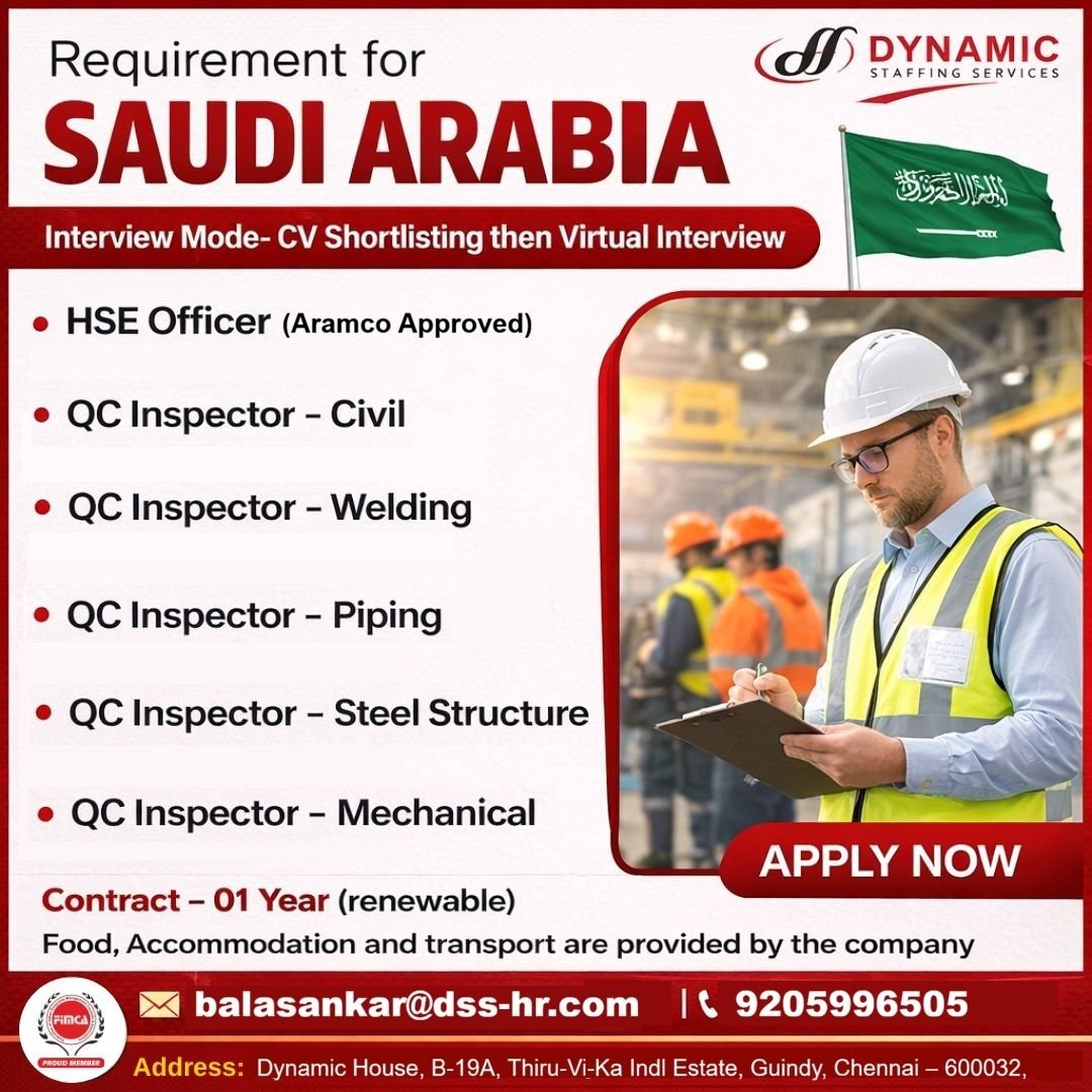 Recruitment for Saudi Arabia – HSE & QC Inspector Jobs | Virtual Interview | 1-Year Renewable Contract