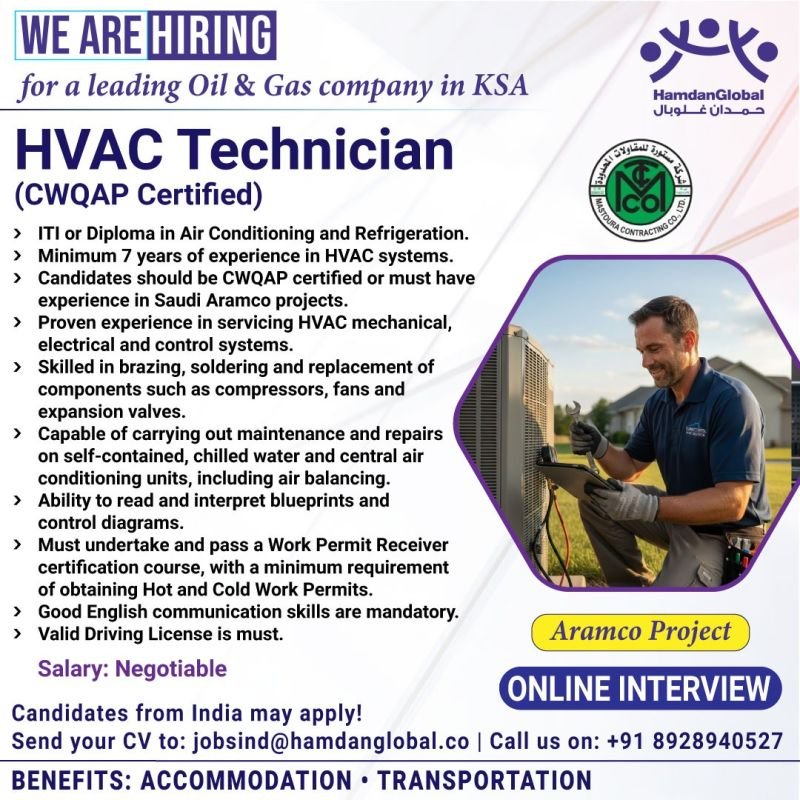 Urgent Hiring HVAC Technician For Saudi Arabia - Online interview Urgent Hiring HVAC Technician For Saudi Arabia - Online interview