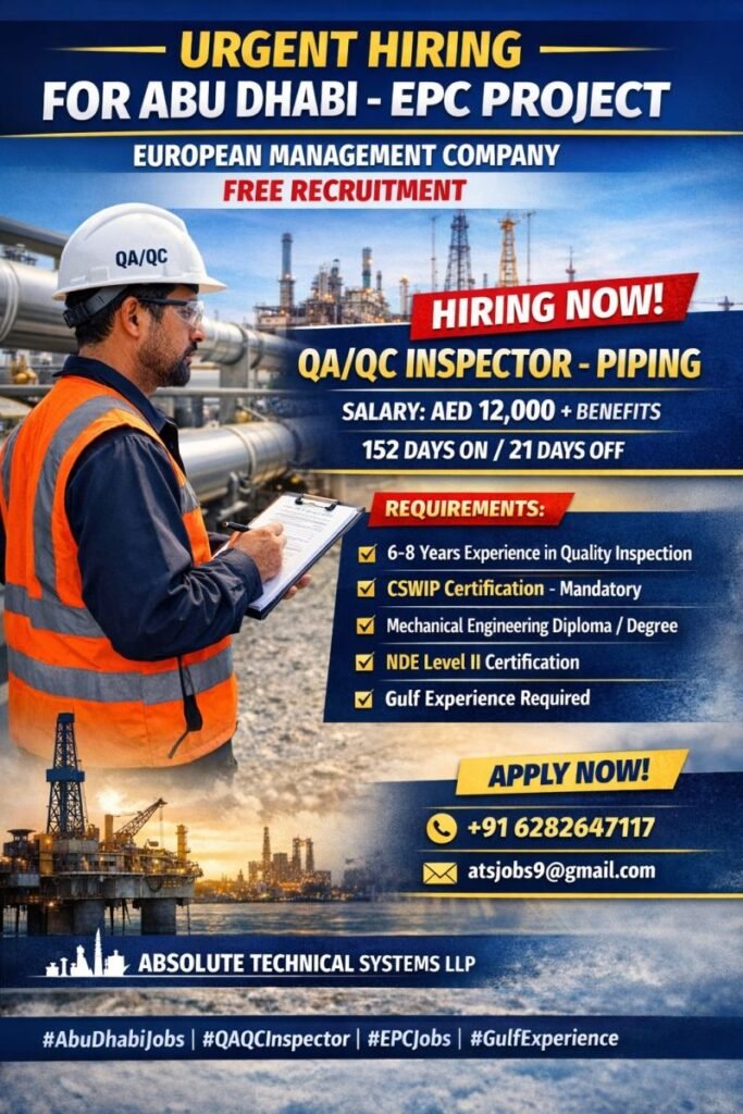Urgent Hiring for Abu Dhabi – EPC Project | QA/QC Inspector | Free Recruitment Urgent Hiring for Abu Dhabi – EPC Project | QA/QC Inspector | Free Recruitment