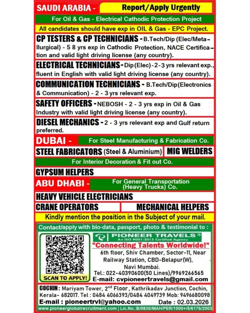 Urgent Hiring For Saudi Arabia, Dubai & Abu dhabi Urgent Hiring For Saudi Arabia, Dubai & Abu dhabi