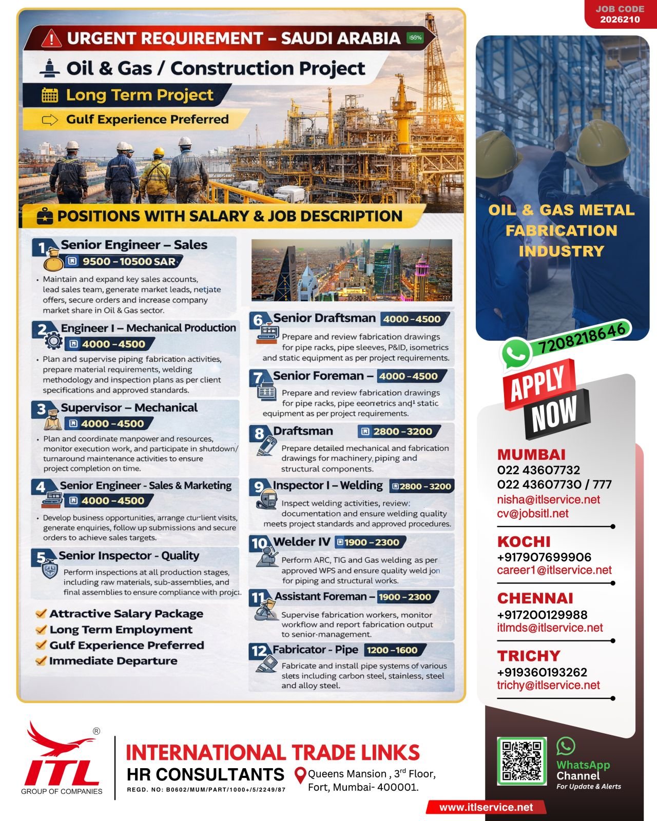 Saudi Arabia Oil & Gas Jobs 2026 – Engineers, Foreman, Draftsman, Welders & Fabricators | Apply Now