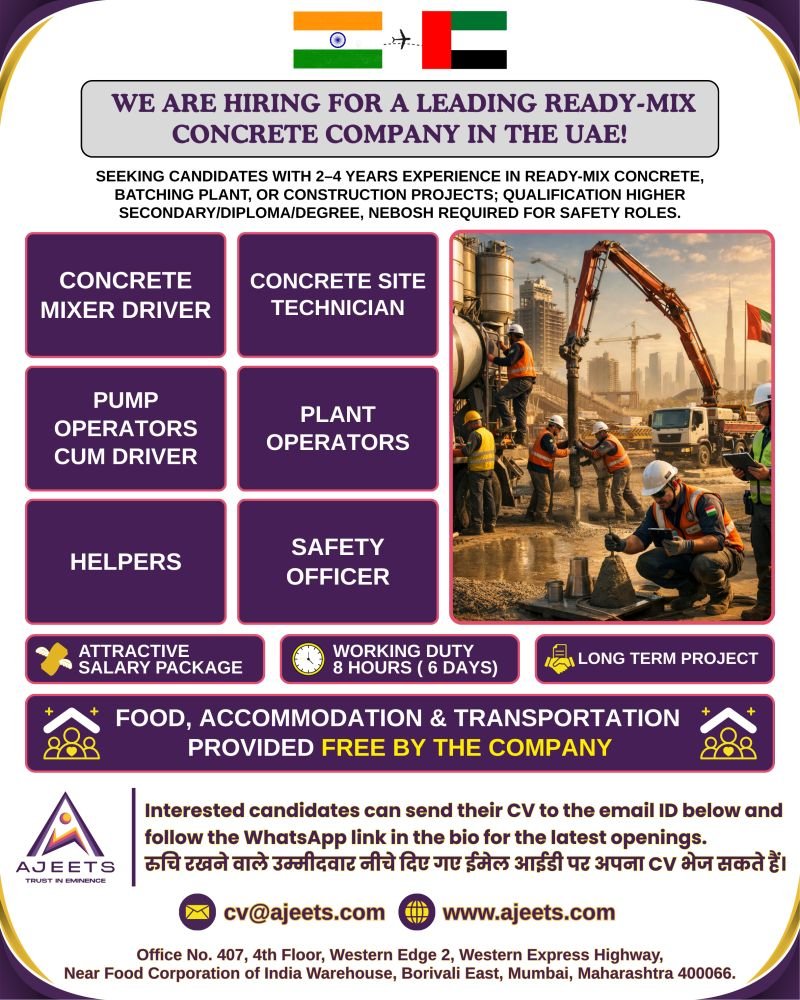 Hiring For A leading Ready-Mix Concrete Company in the UAE Hiring For A leading Ready-Mix Concrete Company in the UAE