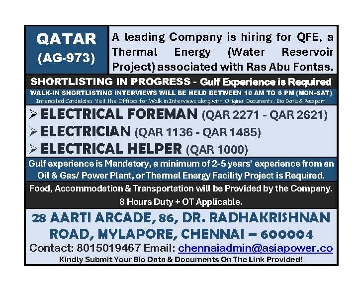 Qatar Electrical Jobs 2026: Hiring For Thermal Energy Project